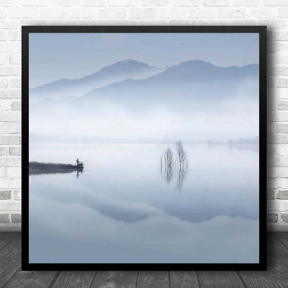 Landscape Soft Pastel Colours Reflection Fog Mist Haze Fishing Square Wall Art Print