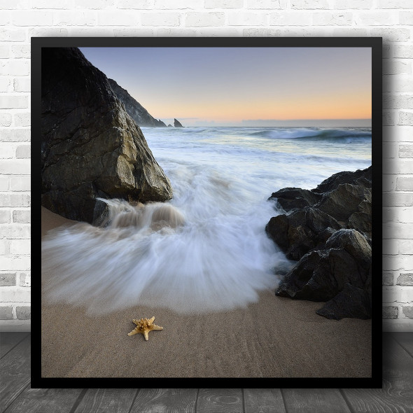 Landscape Square Rocks Beach Wave Starfish Coast Seascape Sand Square Wall Art Print