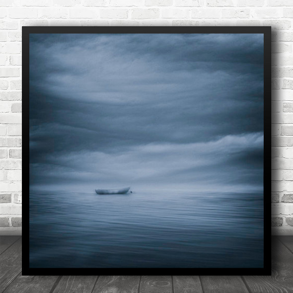 Gulf Boat Water Sky Blue Clouds Lost Toned Seascape Landscape Square Wall Art Print