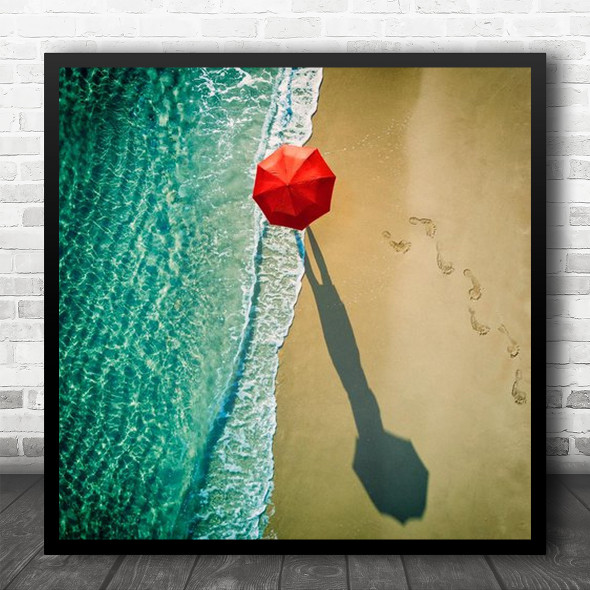 Red Umbrella Beach Sea Ocean Shadow Sand Coast Coastal Shore Square Wall Art Print