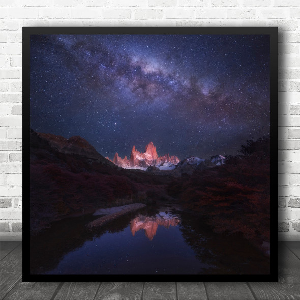 Patagonia Mountains Sky Argentina Stars River Creek Mountain Square Wall Art Print