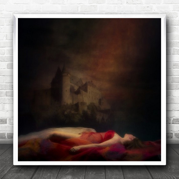 Edited Castle Woman Fabric Colourful Colourful Lying Fantasy Square Wall Art Print