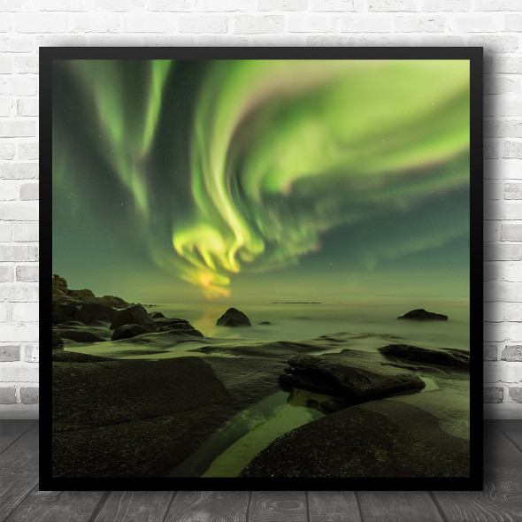 Night Nightscape Lofoten Norway Aurora Borealis Green Beach Square Wall Art Print