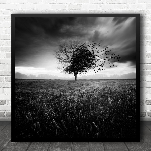 Lonely Artistic Alone Birds Branches Fall Autumn Mood Moody Square Wall Art Print