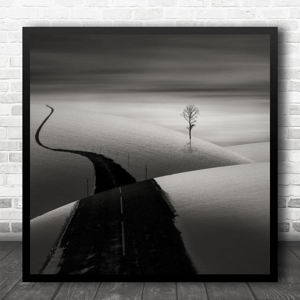 Road Way Asphalt Tree Lonely Landscape Snow Winter Surreal Square Wall Art Print