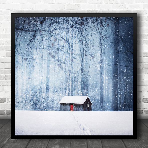 Winter Tree Snow House Stars Landscape Cabin Cottage Snowy Square Wall Art Print