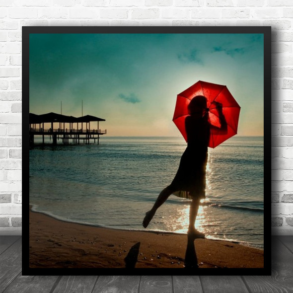 Conceptual Tekirova Red Umbrella Beach Coast Coastal Shore Square Wall Art Print