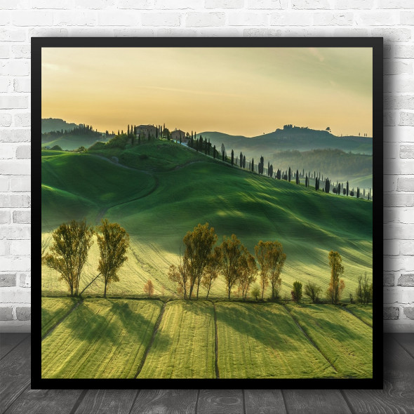 Sunny Tuscany Beautiful Landscape Hills Green Square Wall Art Print