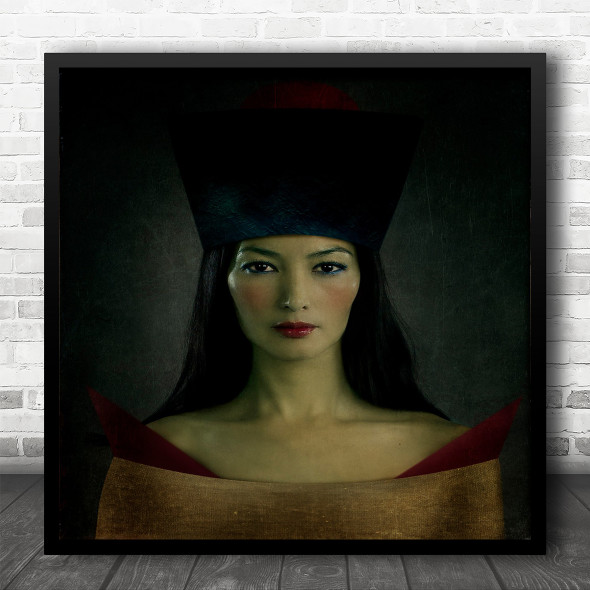 Portrait Face Lips Red Hat Blush Hair Dress Neck Eyes Expression Square Wall Art Print