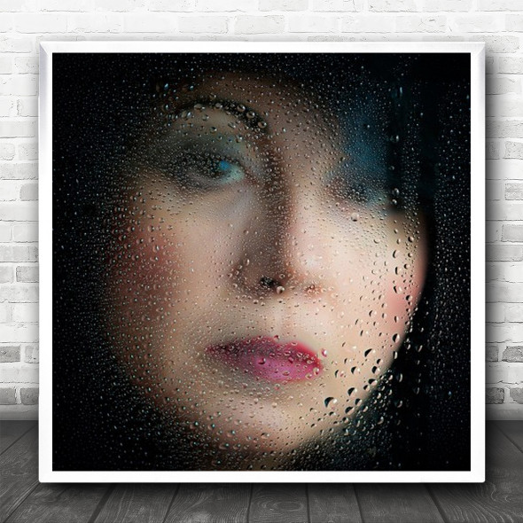 Portrait Glass Drops Droplets Water Droplet Face Woman Girl Lips Square Wall Art Print