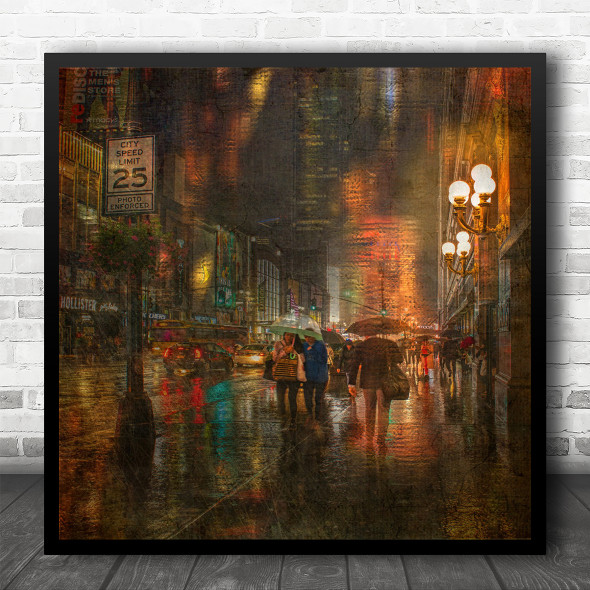 Rain Evening City Street Colourful Rainy Raining Double Exposure Square Wall Art Print