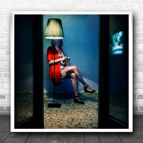 Woman Sitting Lamp Person Portrait Red Female Room Tv Television Square Wall Art Print