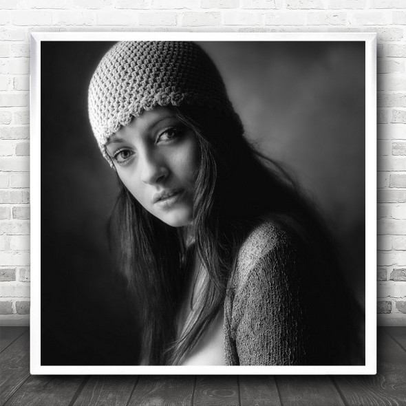 Portrait Girl Woman Glance Mood Emotion Feeling Hat Model Studio Square Wall Art Print