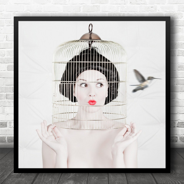 Fashion Bird Cage Woman Flight Motion Fly Flying Portrait Person Square Wall Art Print