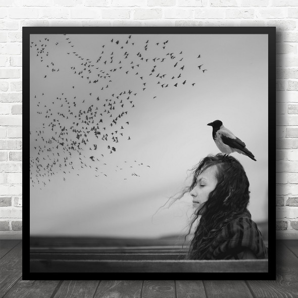 Portrait Bird Crow Daw Jack Mood Emotion Feeling Birds Hair Wind Square Wall Art Print