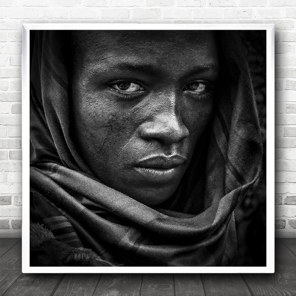 Portrait Veil Cloak Robe Scarf Face Eyes Gaze Glance Documentary Square Wall Art Print