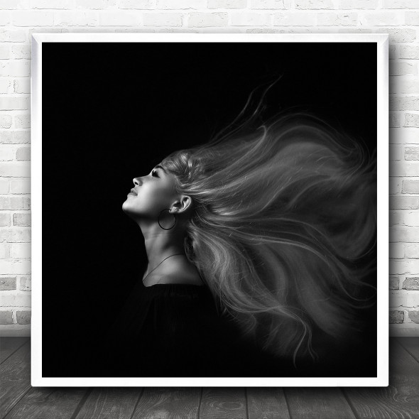 Hair Flow Flowing Wind Windy Dark Portrait Blow Blowing Earring Square Wall Art Print