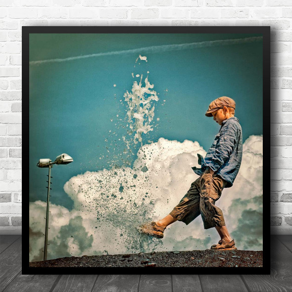 Mood Boy Clouds Water Puddle Splash Street Lamp Costume Kid Sky Square Wall Art Print