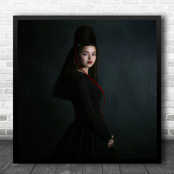 Dark Low-Key Red Lips Face Ribbon Hat Eyes Glance Gaze Portrait Square Wall Art Print