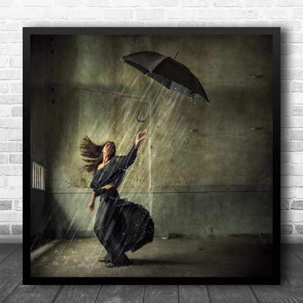 Rain Raining Umbrella Weather Wet Storm Wind Windy Blow Blowing Square Wall Art Print