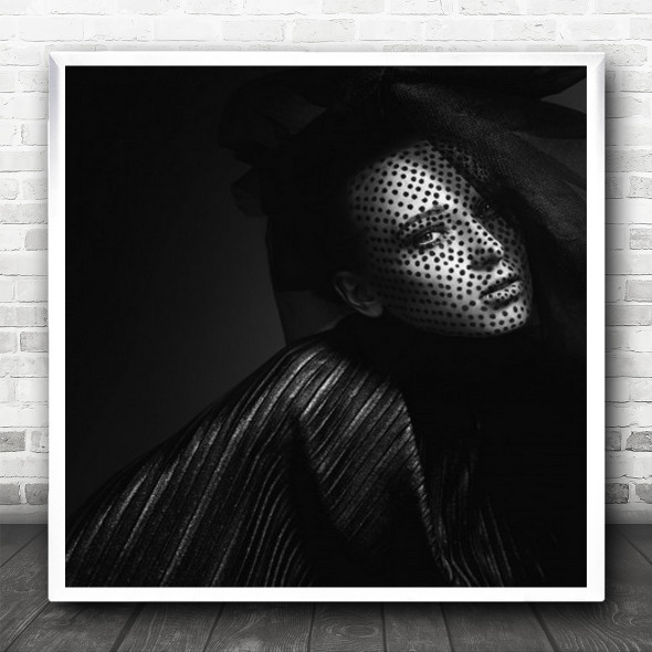 Dots Polka Spots Portrait Fashion Dark Low-Key Girl Woman Model Square Wall Art Print