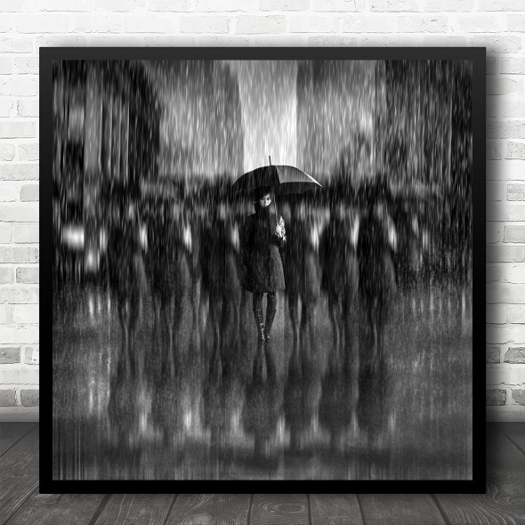 Rain Woman Umbrella Weather Raining Wet Blur Blurry Repetition Square Wall Art Print