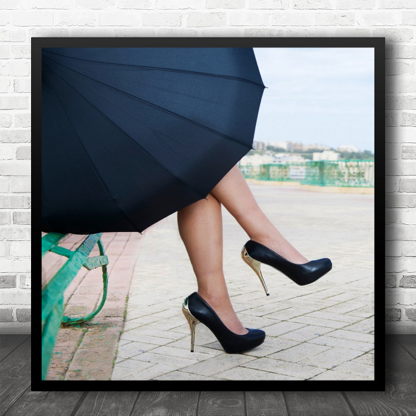 Fashion Bench Umbrella Cover Covered Hide Hiding Hidden Shoes Square Wall Art Print