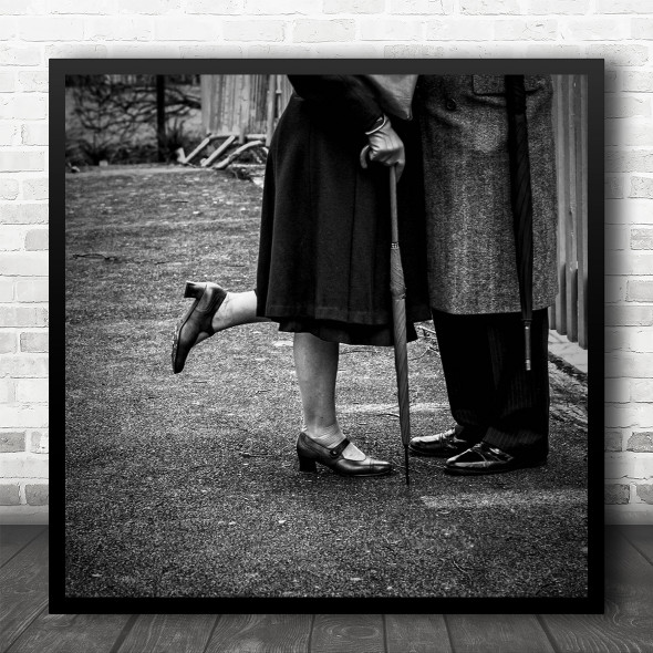 Old Couple Umbrella Foot Shoe Legs Feet Shoes Street Goodbye Square Wall Art Print