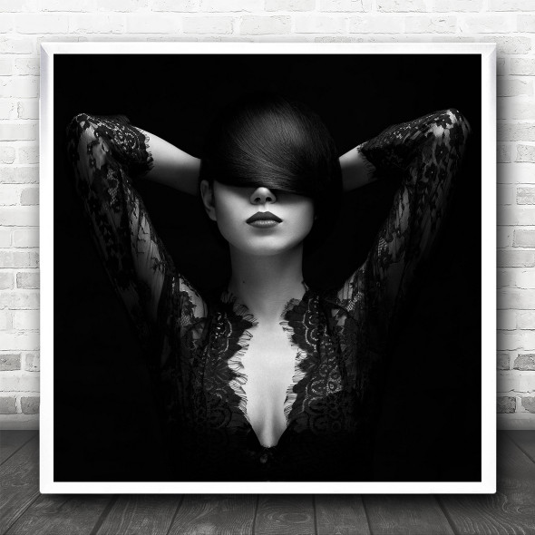 Portrait Lace Face Model Fashion Hair Cover Covered Attitude Square Wall Art Print