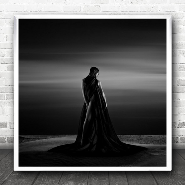 Solitude Dress Fashion Dark Desert Woman Portrait Sand Leg Square Wall Art Print