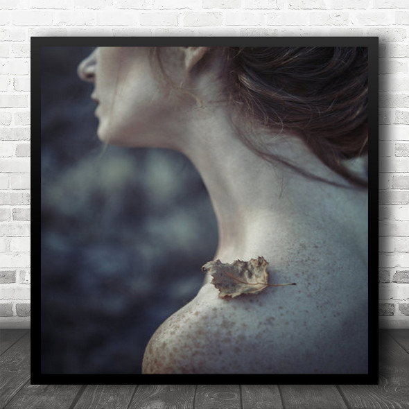 Woman Portrait Autumn Fall Female Leaf Neck Shoulder Mood Square Wall Art Print