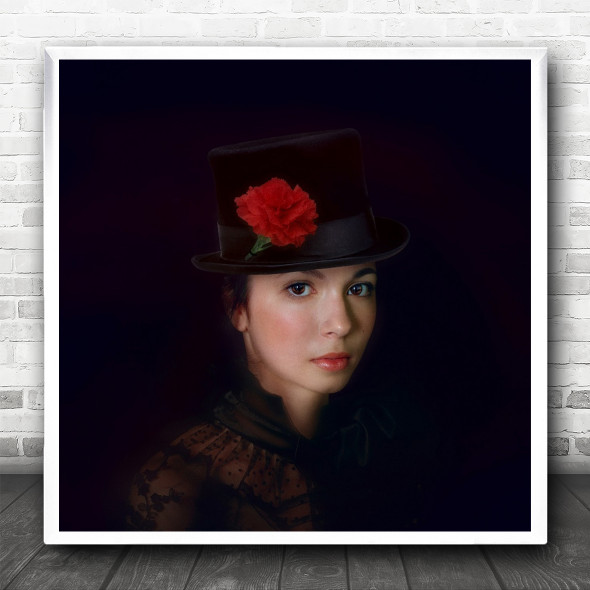 Kazakhstan Girl Model Woman Flower Hat Face Portrait Dark Square Wall Art Print
