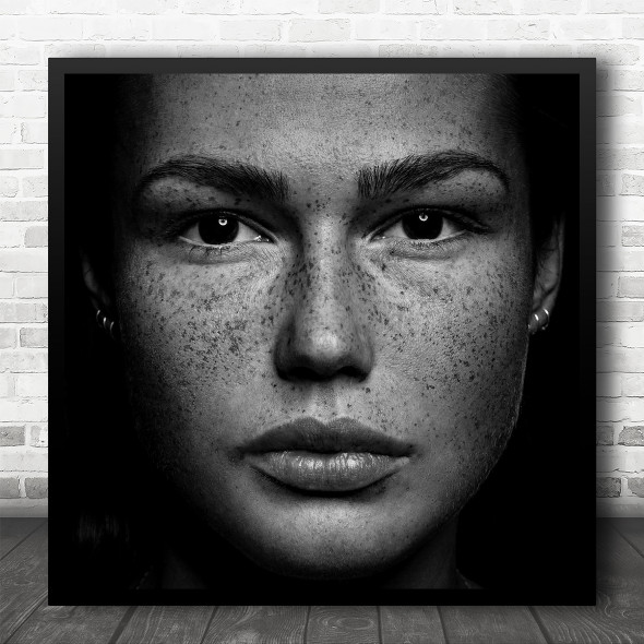 Freckles Beauty Girl Woman Blackandwhite Black And White Square Wall Art Print