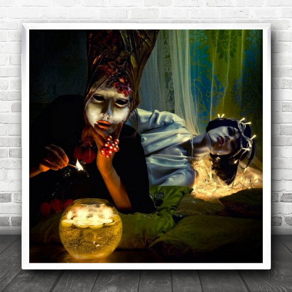 Surrealism Imagination Fantasy Masked Person Candles Square Wall Art Print