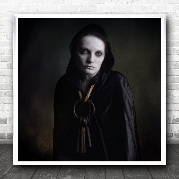 Gothic Creepy Woman Keys Around Neck Black Robe Square Wall Art Print