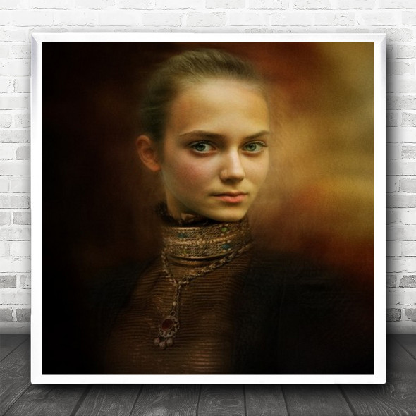 Girl Tied Up Hair Necklace Stare Pose Square Wall Art Print