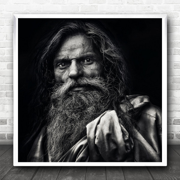 Portrait Man India Agra Beard Wise Wisdom Dark Low-Key Square Wall Art Print