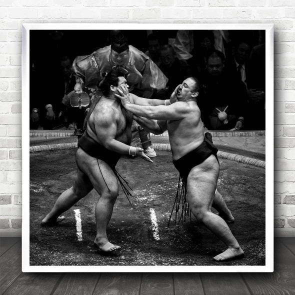 Action Sumo Sumos Wrestle Wrestling Big Judge Referee Asia Asian Square Wall Art Print