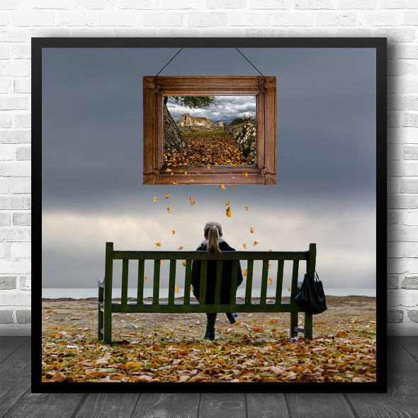 Girl Frame Painting Artwork Bench Sit Sitting Autumn Fall Leaves Square Wall Art Print