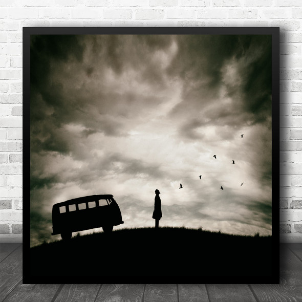 Silhouette Graphic Man Bus Car Birds Thinking Thoughtful Toned Square Wall Art Print