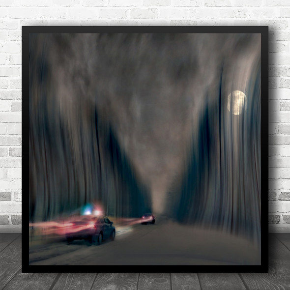 Pursuit Police Patrol Speed Night Chase Chasing Emergency Moon Square Wall Art Print