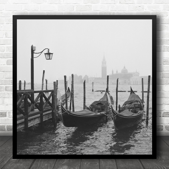 Venice Italy Gondola Pier Tower Fog Sea Ocean Lake Boat Film Square Wall Art Print