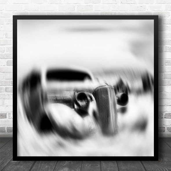 Out Of Time Old Hot Rod Car Black And White Blurry Motion Square Wall Art Print