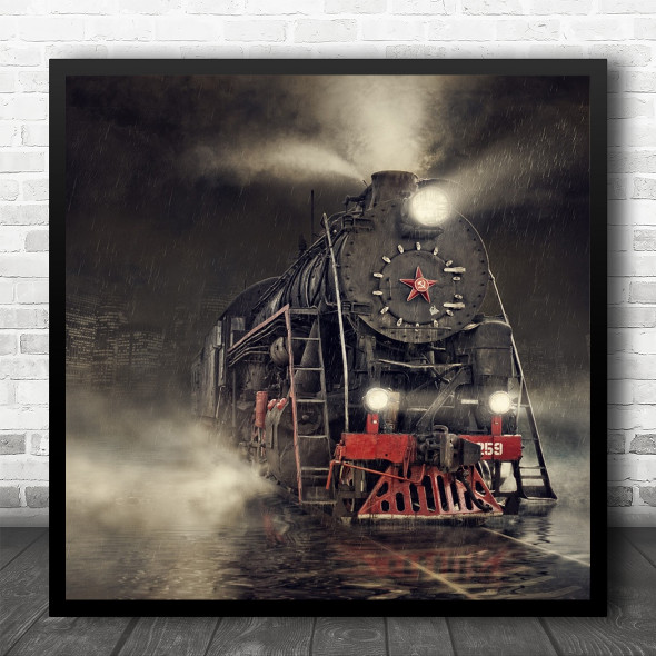 Train Creative Edit Railroad Steam Locomotive Lamps Headlights Square Wall Art Print