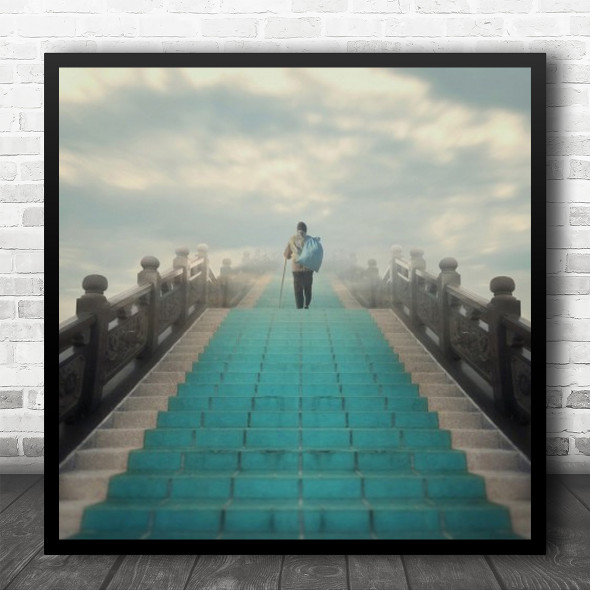 Conceptual Stairs Walking Person Man Stairway Staircase Cane Square Wall Art Print