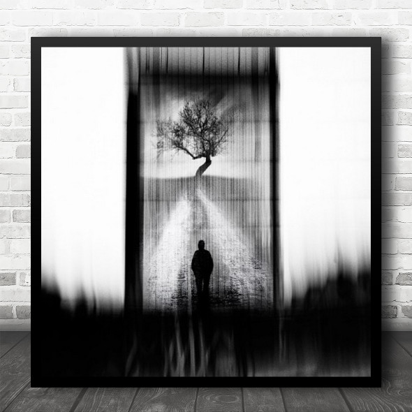 Tree Lonely Silhouette Person Blurry Stripes Portal Door Square Wall Art Print