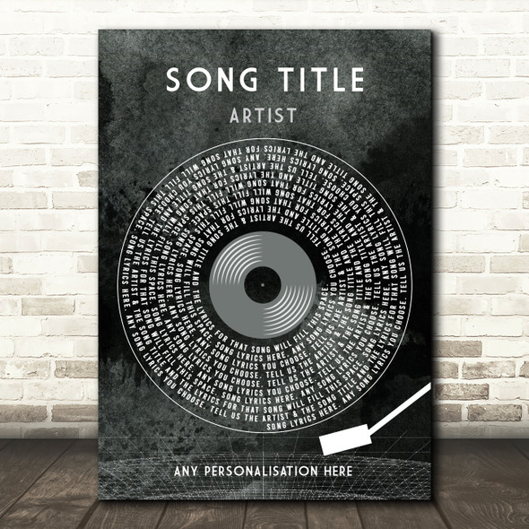 Grunge Grey Vinyl Record & Needle Any Song Lyric Personalised Music Art Print