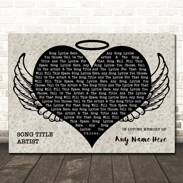 Heart Angel Wings Halo Memorial Any Song Lyric Personalised Music Wall Art Print