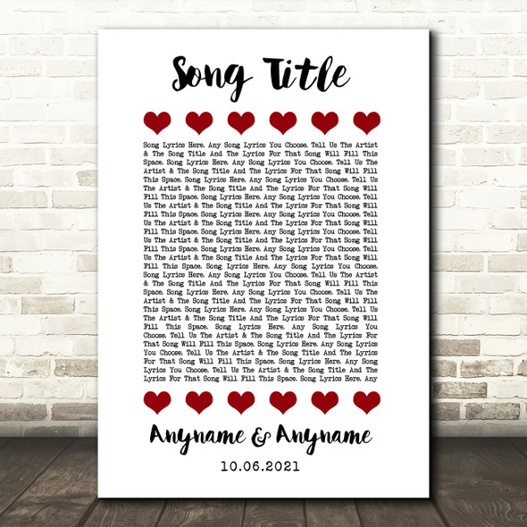 Red Hearts In Row Any Song Lyric Personalised Music Wall Art Print