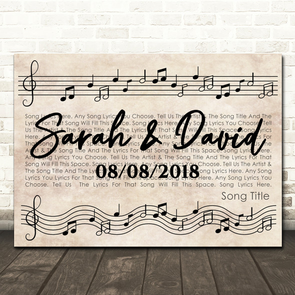 Vintage Landscape Music Notes Script Any Song Lyric Personalised Music Art Print
